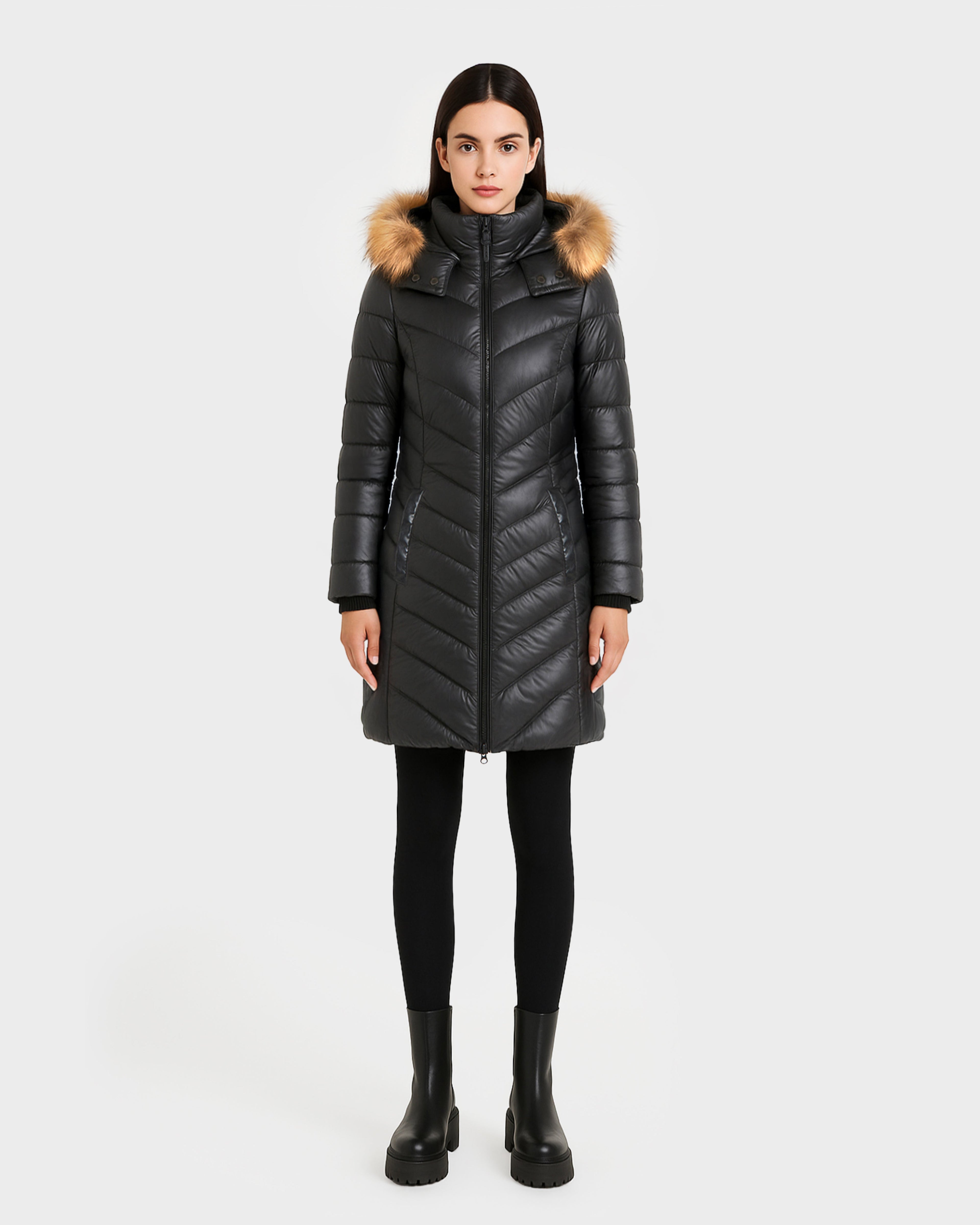 ALESSIA WOMEN'S GLOSSY DOWN PUFFER WITH FAUX FUR