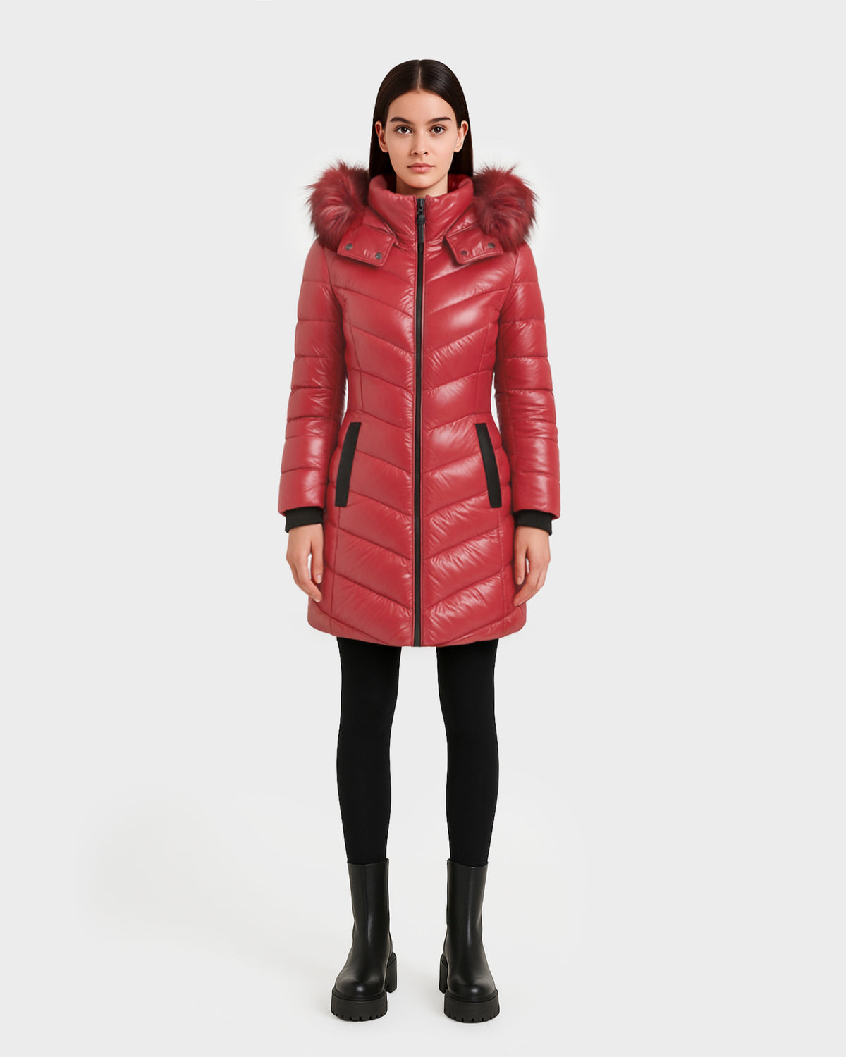 ALESSIA WOMEN'S GLOSSY DOWN PUFFER WITH FAUX FUR